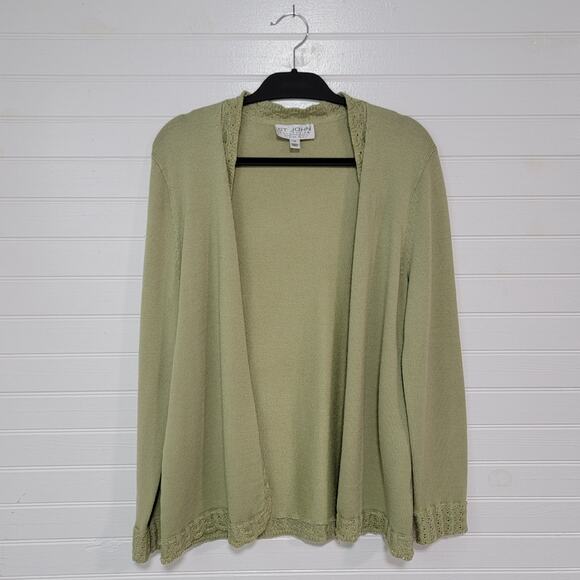 St John Wool Santana Knit Size 14 Green Brooch No Belt Cardigan Sweater Jacket - Picture 1 of 9